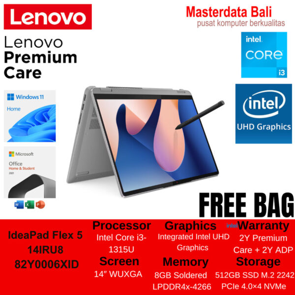 Laptop LENOVO IdeaPad Flex 5 14IRU8-82Y0006XID i3-1315U 8GB 512GB SSD W11 HOME + OHS 2021 Arctic Grey Touch