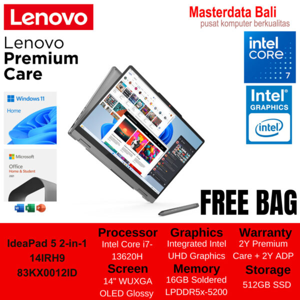 Laptop Lenovo IdeaPad 5 2-in-1 14IRH9-Core i7-13620H/16GB/512GB SSD/14 WUXGA IPS Touch Luna Grey 83KX0012ID - Image 2