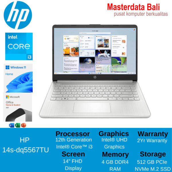 Laptop HP Core i3-1215U 4GB 512GB SSD 14 FHD Win 11 Home+OHS 2021 Silver 14s-dq5567TU