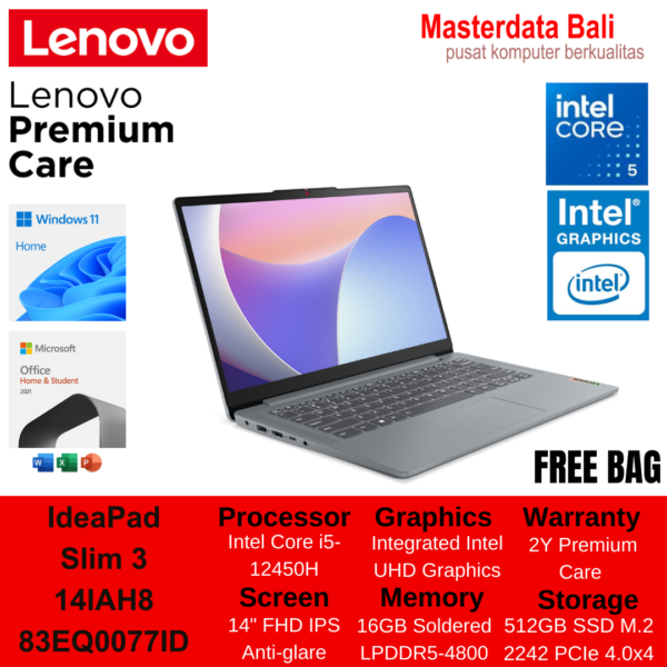 Laptop Lenovo IdeaPad Slim 3 14IAH8 77ID 78ID Core i5-12450H 16GB 512GB SSD 14″ FHD IPS Win 11 Home+OHS 2021 83EQ0077ID