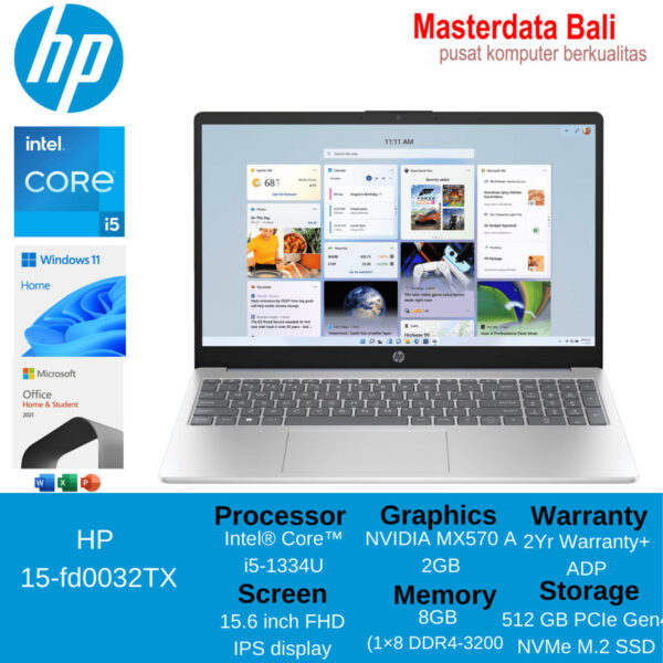 Laptop HP 15-fd0032TX Core i5-1334U 8GB 512GB SSD MX570A 2GB 15.6 FHD IPS Win 11 Home+OHS 2021 Blue