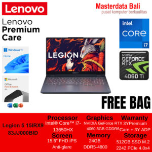 Laptop LENOVO LEGION 5 15IRX9 83JJ000BID Core i7 13650HX 2x12GB 512GB 4060 W11 OHS Storm Grey