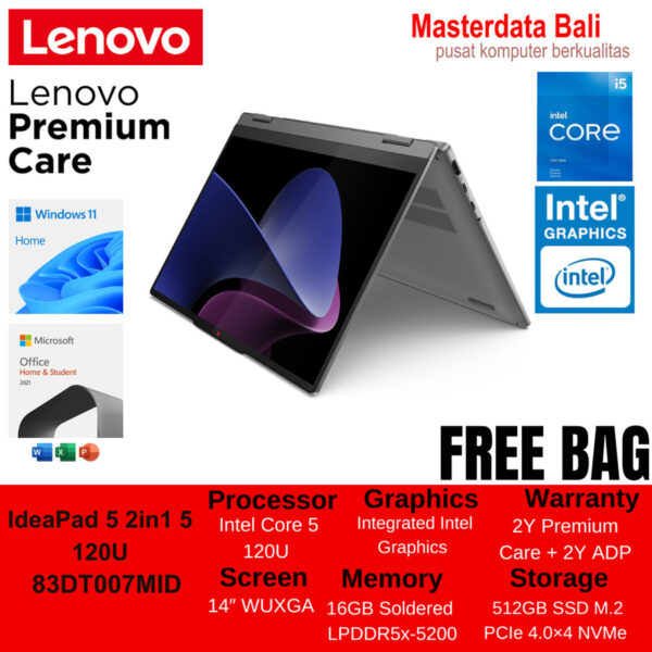 Laptop Lenovo IdeaPad 5 2in1 5 120U Oled 16GB 512SSD Luna Grey, P/N: 83DT007MID