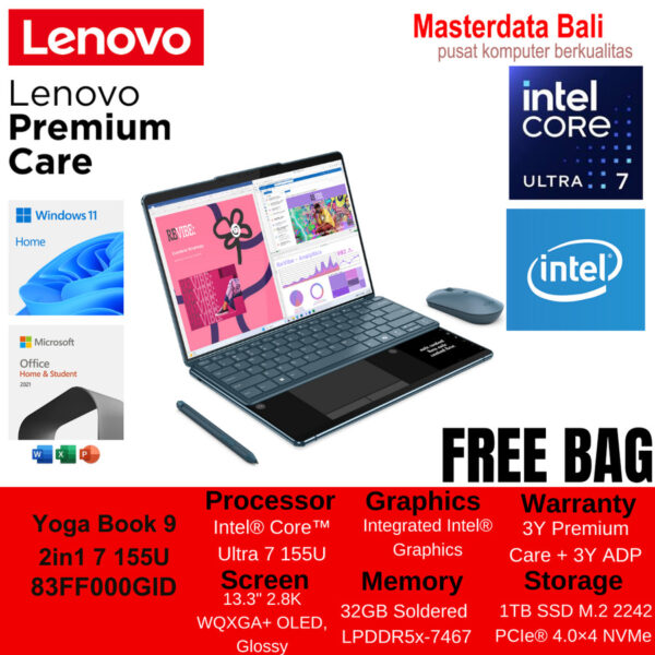 Laptop Lenovo Yoga Book 9 13IMU9-83FF000GID Ultra 7-155U 32GB 1TB SSD Dual 13.3″ 2.8K OLED Touch Win 11 Home+OHS 2021 Tidal Teal