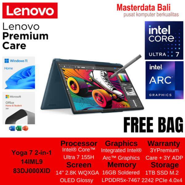 Laptop Lenovo Yoga 7 2in1 ULT 7 I55 16GB 1TB SSD Tidal Teal, P/N : 83DJ000XID