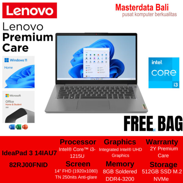 Laptop Lenovo IdeaPad Slim 3 14IAU7 82RJ00FNID/ 82RJ00FMID Core i3-1215U 8GB 512GB SSD 14 FHD Win11 Home Artic Grey/Abyss Blue