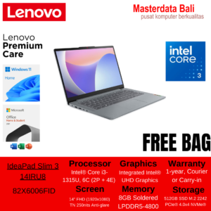 Laptop Lenovo IP 3-14IRU8 (82X6006FID) ARTIC GREY : INTEL CORE I3-1315U,8GB LPDDR5-4800,512GB SSD M.2 2242 PCIE,INTEL UHD GRAPHICS,14"FHD,WIN 11+OHS+M365 (BACKPACK-Q17225/4313)