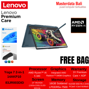 Laptop Lenovo Yoga 7 14AKP10 3DID Touch 2in1 – Tidak Teal [Ryzen AI 5 365-16GB-SSD 512GB-14″2.8K-W11+OHS2024]