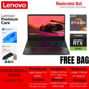 Laptop Lenovo GAMING 3-15ACH6 (82K2027FID) SHADOW BLACK : AMD RYZEN 5-5500H,8GB DDR4-3200,512GB SSD,RTX2050-4GB,15.6"FHD IPS 300NITS,WIN 11 HOME+OHS 2021,2 YEAR PREMIUM CARE+ADP (BACKPACK)