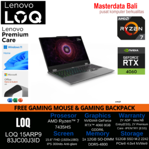Lenovo Gaming LOQ 15ARP9 - 83JC00J3ID /AMD Ryzen 7-7435HS/12GB/512GB SSD/RTX4060 8GB/15.6″ FHD/Win 11 Home+OHM 2024/Luna Grey/2Y