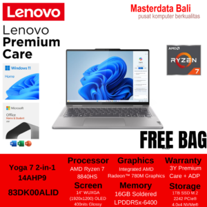 Laptop Lenovo Yoga 7 2-in-1 14AHP9 - 83DK00ALID /AMD Ryzen 7-8840HS/16GB/1TB SSD/AMD Radeon 780M Graphics/14″ WUXGA OLED Touch/Win 11 Home+OH24+M365/Arctic Grey/3Y