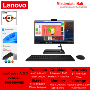 PC LENOVO AIO 22ADA6 (F0G600A9ID) BLACK : AMD 3050U,8GB DDR4,512GB SSD,21.5" FHD,WIN11HOME+OHS, 1YEAR WARRANTY