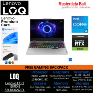 Laptop Lenovo LOQ-15IAX9E (83LK002QID) LUNA GREY : INTEL CORE I5-12450HX,12GB DDR5-4800,512GB SSD,NVIDIA GEFORCE RTX2050 4GB DDR6,15.6"FHD IPS 300NITS,WIN 11 HOME+OHS (BACKPACK-70101)