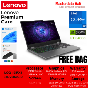 Laptop Lenovo Gaming LOQ 15IRX9 - 83DV00AGID /Intel Core i7-13650HX/12GB/512GB SSD/RTX4060 8GB/15.6″ FHD/Win 11 Home+OHS 2021/Luna Grey/2Y