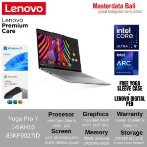 Laptop Lenovo Yoga Pro 7 14IAH10 Aura Edition - 83KF0027ID /Intel Core Ultra 9-285H/32GB/1TB SSD/Intel Arc Graphics/14.5" 3K OLED Touch/Win 11 Home+OH24+M365/Luna Grey/3Y