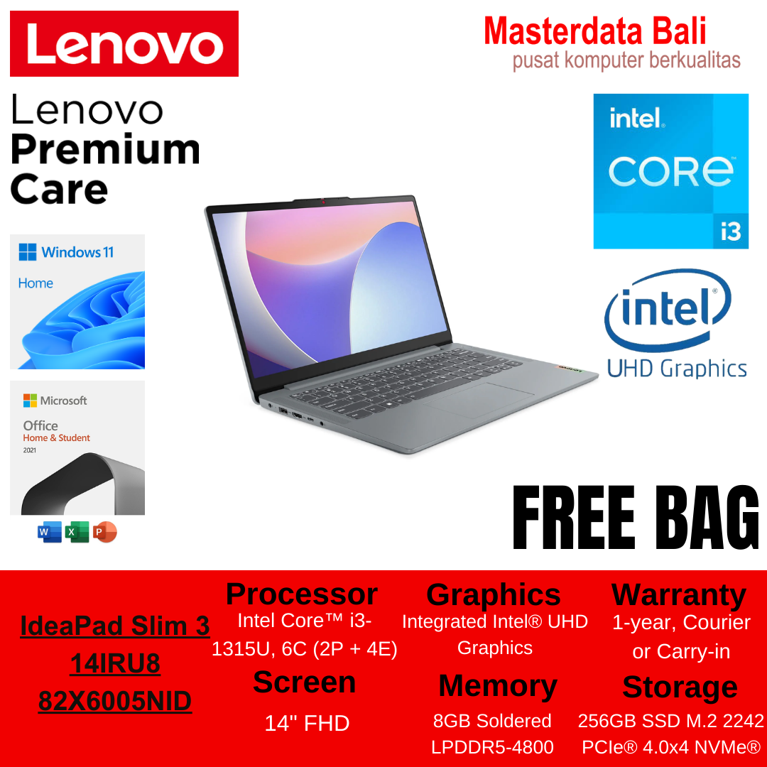 LAPTOP LENOVO 82X6005NID IPS3 14IRU8/14"FHD/I3-1315U/8GB/256SSD/WIN11/M365 +OHS2024/BACKLIT/2Y/ARCTIC_GREY