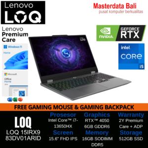 Laptop Lenovo LOQ 15IRX9 Intel Core i7-13650HX RTX 4050 6GB GDDR6 16G 512GB 15.6" FHD IPS Luna Grey 2Y Premium Care + ADP  W11HSL Microsoft 365 Basic + Office Home 2024 Free Gaming Mouse & Backpack
