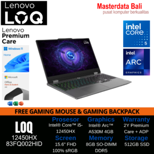 Laptop Gaming Lenovo LOQ 12450HX Intel Core i5 Intel Arc A530M 8GB 512GB 15.6" FHD Luna Grey 2Y Premium Care + ADP Free Gaming Mouse & Backpack 83FQ002HID