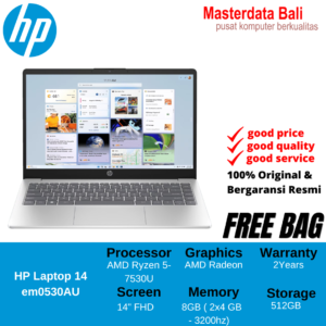 HP Laptop 14 AMD Ryzen 5 7530U 8GB 512GB Amd Radeon W11 HSL Office 2024 + 1Y M365 Basic 2Y Warranty 14 FHD em0530AU em0531AU