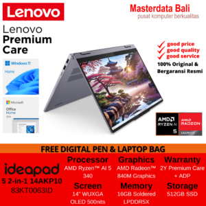 Laptop Lenovo IdeaPad 5 2-in-1 14AKP10 AMD Ryzen AI 5 340 AMD Radeon 840M 16GB 512GB 14" WUXGA (1920x1200) OLED Luna Grey W11HSL+OHS2024 2Y Warranty +ADP