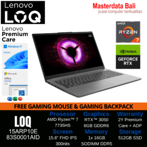 Laptop Gaming Lenovo LOQ 15ARP10E AMD Ryzen 7 RTX 3050 16GB 512GB 15.6" FHD IPS Luna Grey W11HSL OHS 2024 2Y Premium Care + ADP 83S0001AID