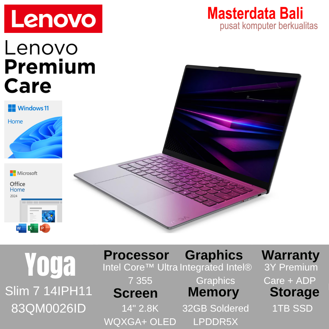 Laptop Lenovo Yoga Slim 7 14IPH11 Intel Core Ultra 7 32GB 1TB 14" 2.8K WQXGA+ OLED Luna Grey W11HSL OHS 2024 3Y Warranty + ADP