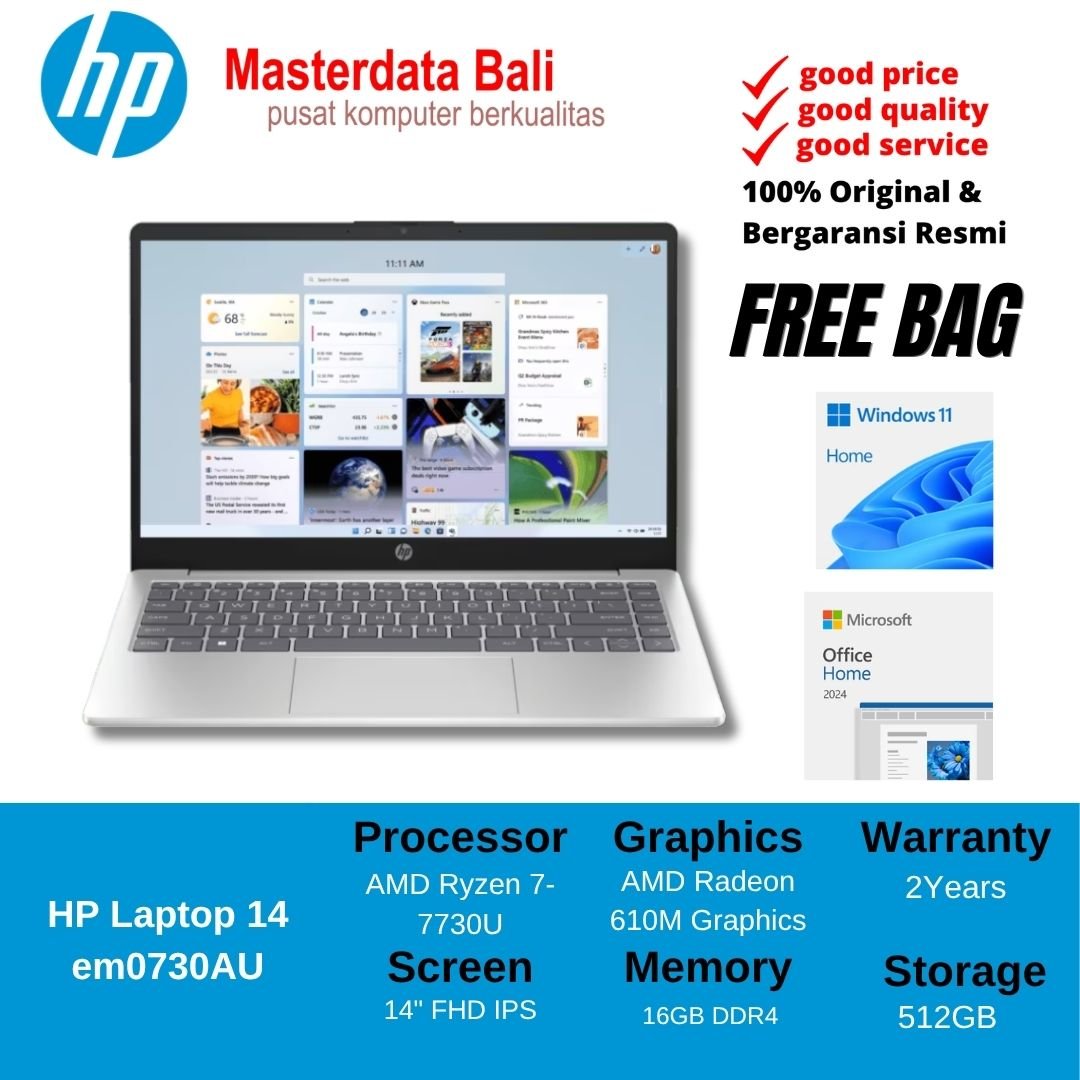 HP 14-em0730AU - BP0S5PA /AMD Ryzen 7-7730U/16GB/512GB SSD/AMD Radeon Graphics/14" FHD/Win 11 Home+OH24+M365/Silver/2Y